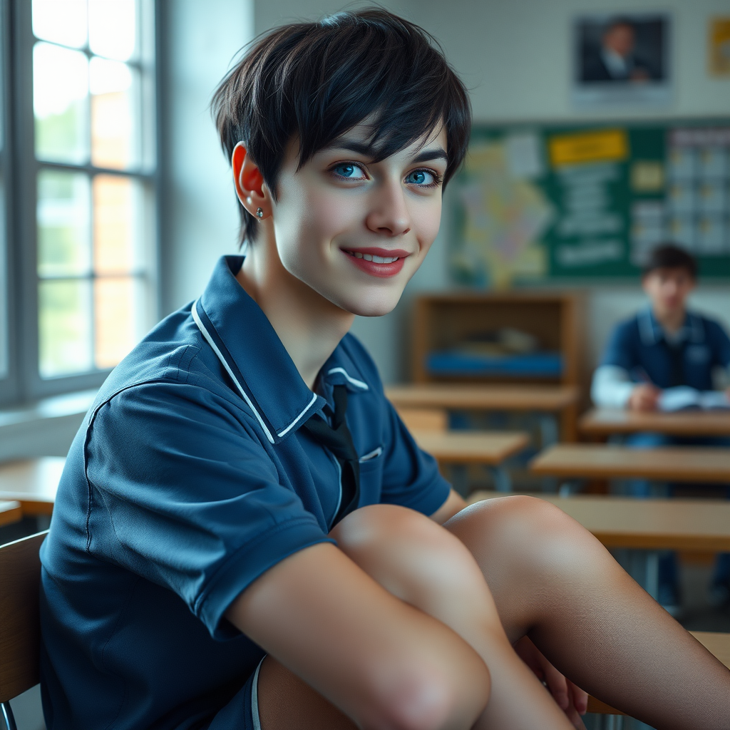 photorealistic, ultra high resolution, 16K, surreal fantasy, soft studio lighting, a pretty 17 year old goth male, slim male physique, short dark hair, blue eyes, goth makeup, earrings, sheer pantyhose, UK girls-school uniform, Mary-Jane shoes, sitting in the classroom, excited smile, facing the camera.