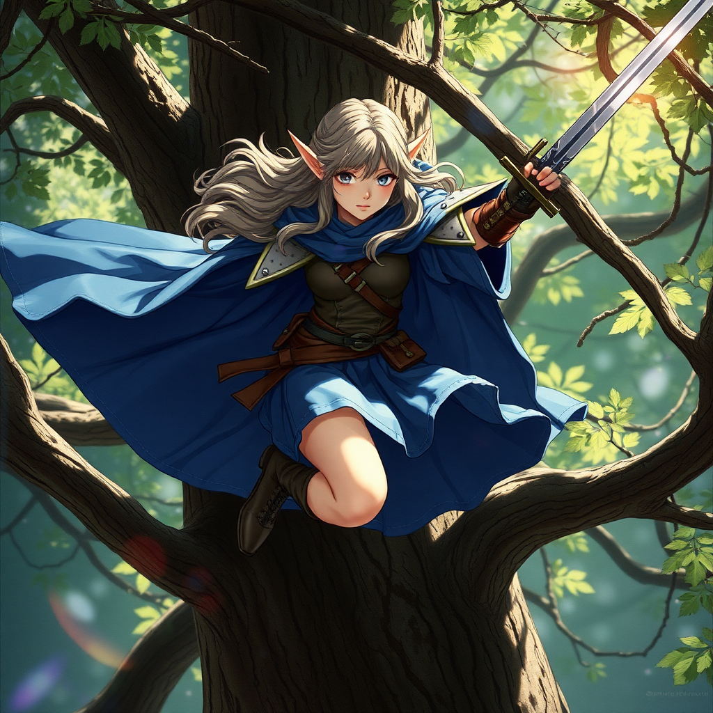 A twenty-something elf girl like (Deedlit from Record of Lodoss War), a character come to life. Wide triangular shoulder pads, blue flowing cloak, leather armor, skirt, high heel ankle boots. Flying through tree branches, sword in hand. Portrait style photograph, highly detailed, film grain, lens flare, chromatic aberration.