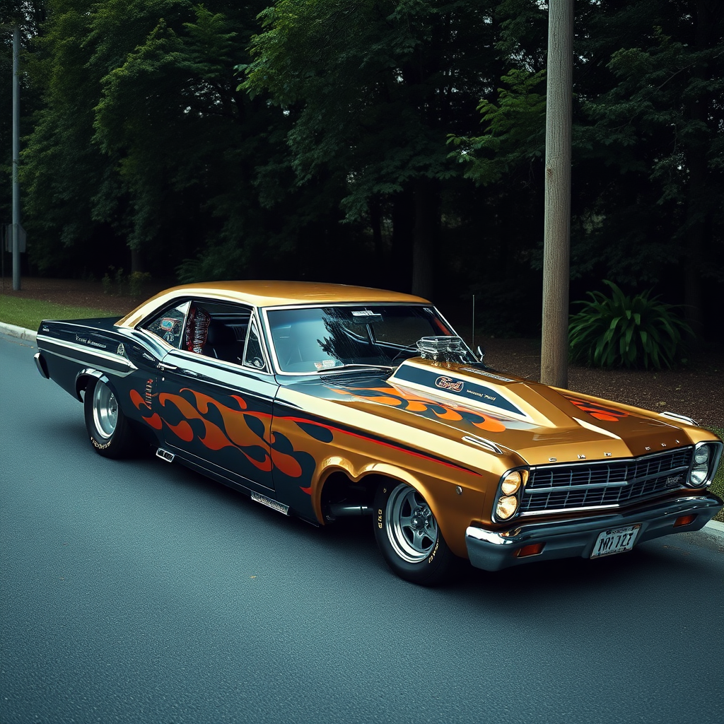 The drag car is parked on the side of the road, inspired by Taiyō Matsumoto, tumblr, restomod, nd4, c4 metallic shine classic american low rider custom paint ford