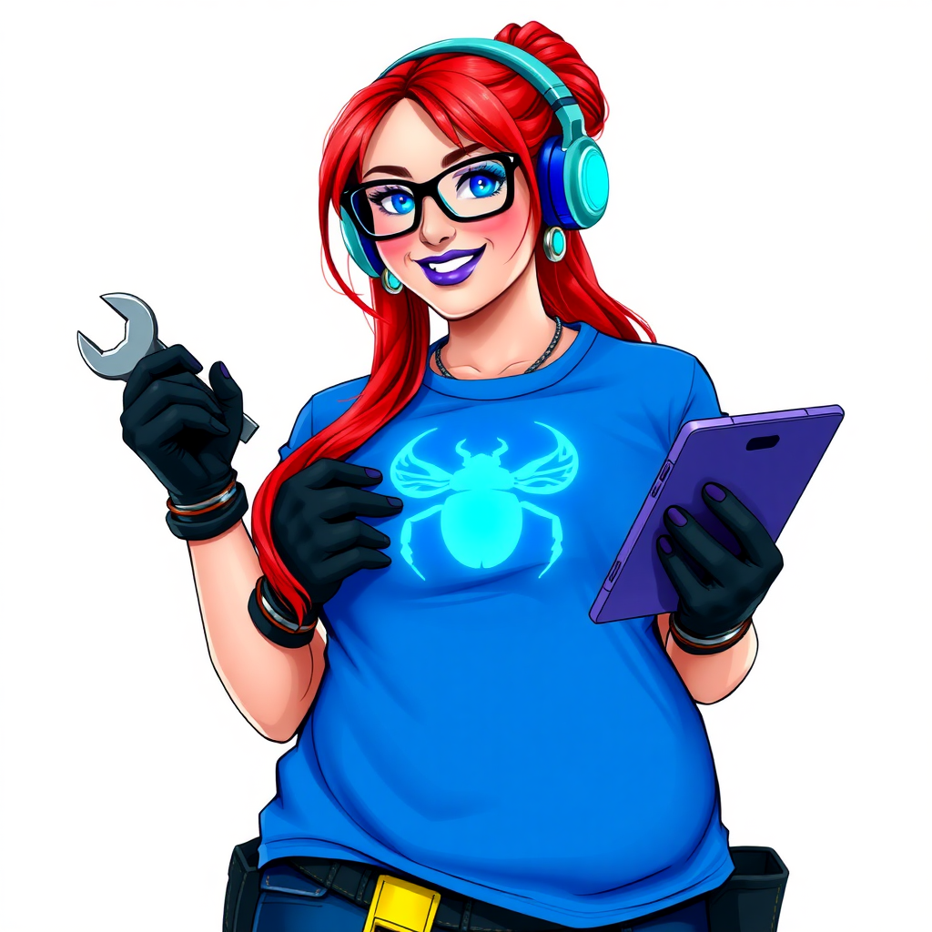 A full-sized, intelligent and tech-savvy 28-year-old computer hacker and tech genius. She has a long ruby red ponytail. She wears maximum blue lipstick, blue eyes, a sapphire beetle gemstone necklace, sapphire earrings, black eyeglasses, hi-tech power gloves, and a gigantic oversized maximum blue t-shirt featuring a neon blue glowing beetle chest icon. She has a full-figured physique with a round gargantuan midsection, reflecting her well-cared-for lifestyle. She sports a sapphire headset with a hi-tech maximum turquoise lensed HUD, and a beaming smile accentuated by a passionate neon red blush. She serves as his tech expert from his hideout, holding a futuristic tool wrench and a futuristic digital tablet. The background is solid white. She is drawn as if she was in a retro 2D cyberpunk fighting game.