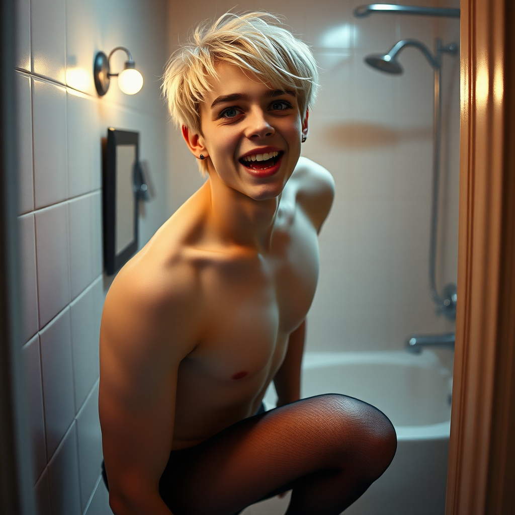 photorealistic, ultra high resolution, 16K, surreal fantasy, studio lighting, a pretty 16 year old goth boy, slim male physique, short blonde hair, goth makeup, earrings, pantyhose, white ballet shoes, in the bathroom, excited smile, facing the camera, drooling from his mouth