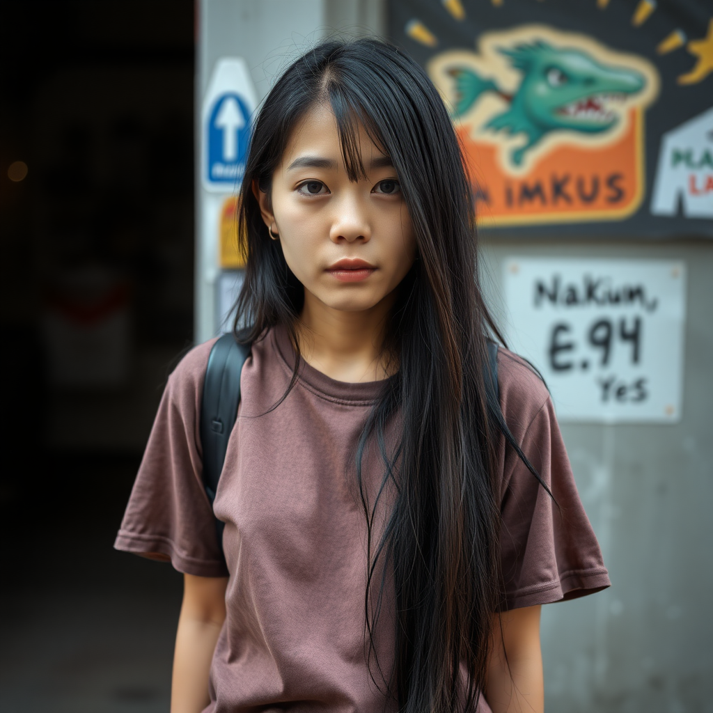 A very natural, sad and homeless Asian woman with a T-shirt and long, jet-black hair and very typical Asian eyes is very ashamed to look me in the eye.