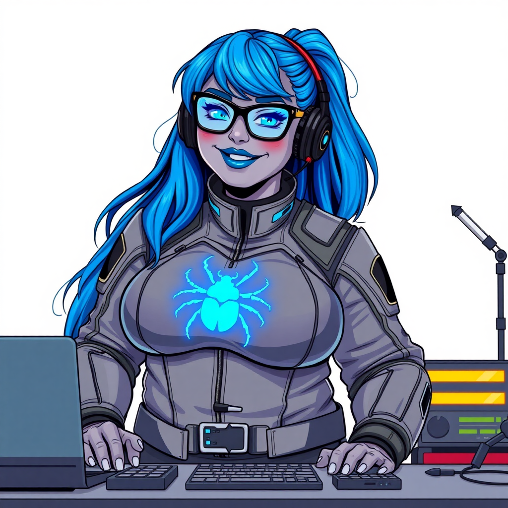 A nerdy, full-figured middle gray-skinned 29-year-old computer program hybrid with a long, maximum blue ponytail. She wears maximum blue lipstick and has bright blue eyes. Her outfit includes a digital, computerized, middle gray biker suit featuring a neon blue glowing beetle chest icon. She sports a sapphire headset and black eyeglasses, with a lovestruck smile and neon red blush. Her full figure reflects the doting care of her vigilante boyfriend. As his tech expert, she works diligently at her lab table in their hideout. The background is solid white. She has a prominent, gargantuan, round midsection, thick limbs, and broad shoulders. Her middle gray metallic skin highlights her digital nature. The biker suit blends with her middle gray skin appearing to merge together as computer data. She is drawn as if she was in a retro 2D cyberpunk fighting game.