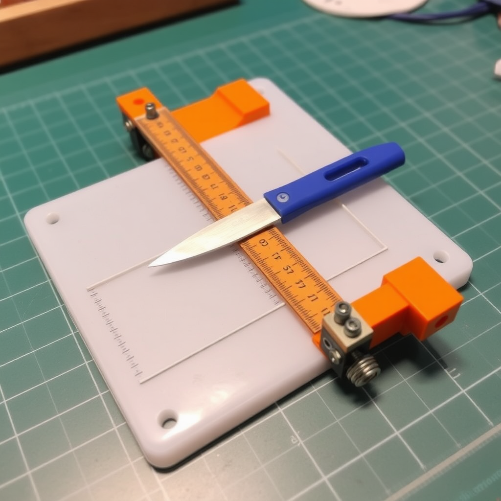 Plastic board and cutting mat: Insert or secure a cutting mat onto a plastic board to create a stable surface for cutting tasks.

Ruler with holes for the knife: Secure a ruler with thin holes, allowing the knife to penetrate, on the plastic board (or use a tool that acts as a slider).

Left and right movement: Use a fixture that allows the ruler to move left and right, enabling it to be positioned as desired during work.

Up and down movement using springs: Attach springs to allow the ruler to move up and down, enabling it to be lifted or lowered as needed. This setup should facilitate easy movement of the ruler and perform cutting tasks easily.