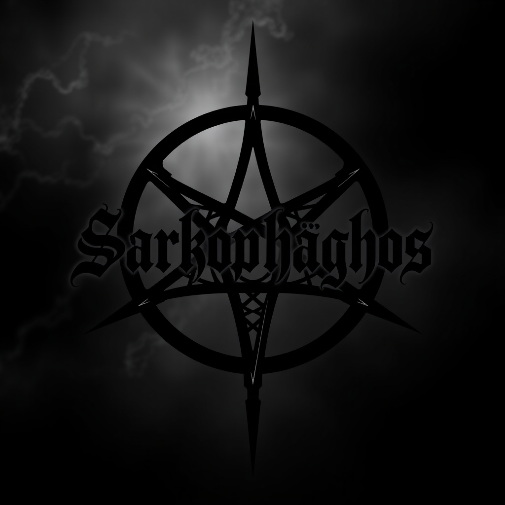 Hard to read satanist metal band logo saying "Sarkophághos"