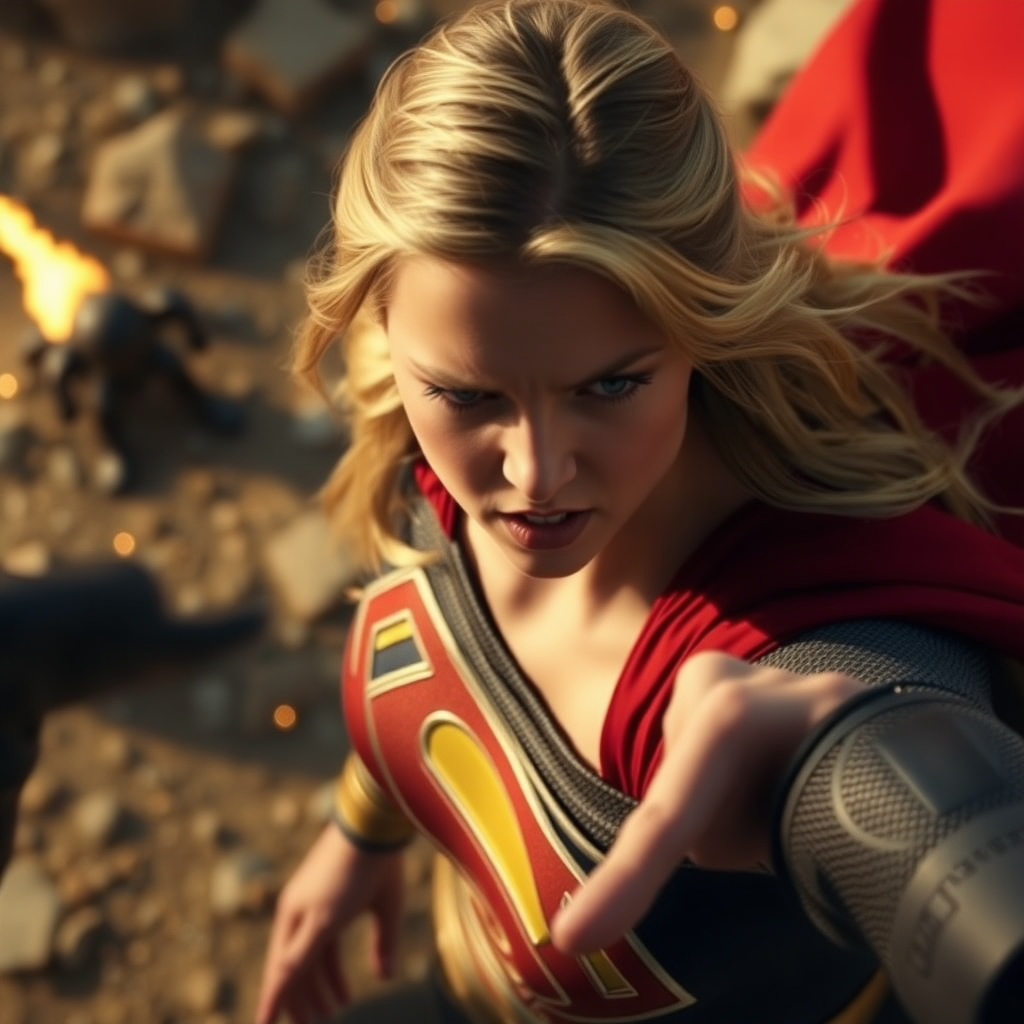 a snapshot from above supergirl angry against enemy in front of her, realistic, trailer shots