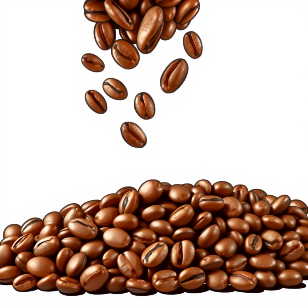 Draw it in realistic form, like an advertisement photo. Draw a delicious image of coffee beans. Draw coffee beans falling from above and coffee beans piled up below.