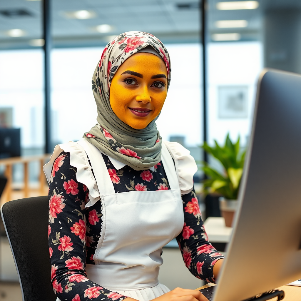 slim, modern, french maid, floral hijab, turmeric paste on face, working in office