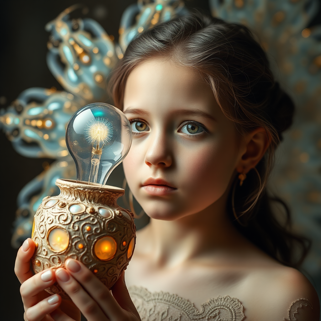 preteen girl, abstract pottery, mandelbulb fractal, sacred geometry, ultra-detailed, dynamic composition, artistic photograph, fractal, brilliant colors, glittering, illumination, transparency, translucent, opal, gold, romanticism, sharp focus, floral, mother of pearl, iridescent, jewelry