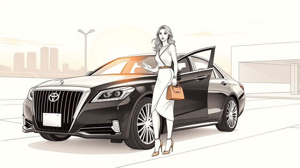 A b&w, 16x9 storyboard sketch of a beautiful, upscale woman opening the door to a sleek, black Toyota Crown. She exudes confidence and elegance, wearing a chic, well-fitted designer dress in soft tones, paired with luxury accessories like a leather handbag and subtle, sparkling jewelry. Her hair is styled in polished waves, perfectly complementing her sophisticated demeanor. The scene is set at sunset, with the warm, golden light casting long shadows and highlighting the glossy curves of the car. The sky glows reflecting off the car’s surface. The car is parked on a clean, wide street, surrounded by minimalist modern architecture. Soft city lights are just beginning to flicker on in the distance, enhancing the refined, serene atmosphere of the moment.