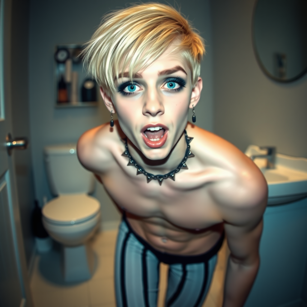 photorealistic, ultra high resolution, 16K, surreal fantasy, soft studio lighting, Caleb Swift is a pretty 16 year old goth male, slim male physique, blonde hair, blue eyes, goth makeup, earrings, white & black vertically striped pantyhose, spikey neck collar with chain, standing on the floor of the bathroom, excited mouth, bulging crotch, full body front view of Caleb facing the camera.