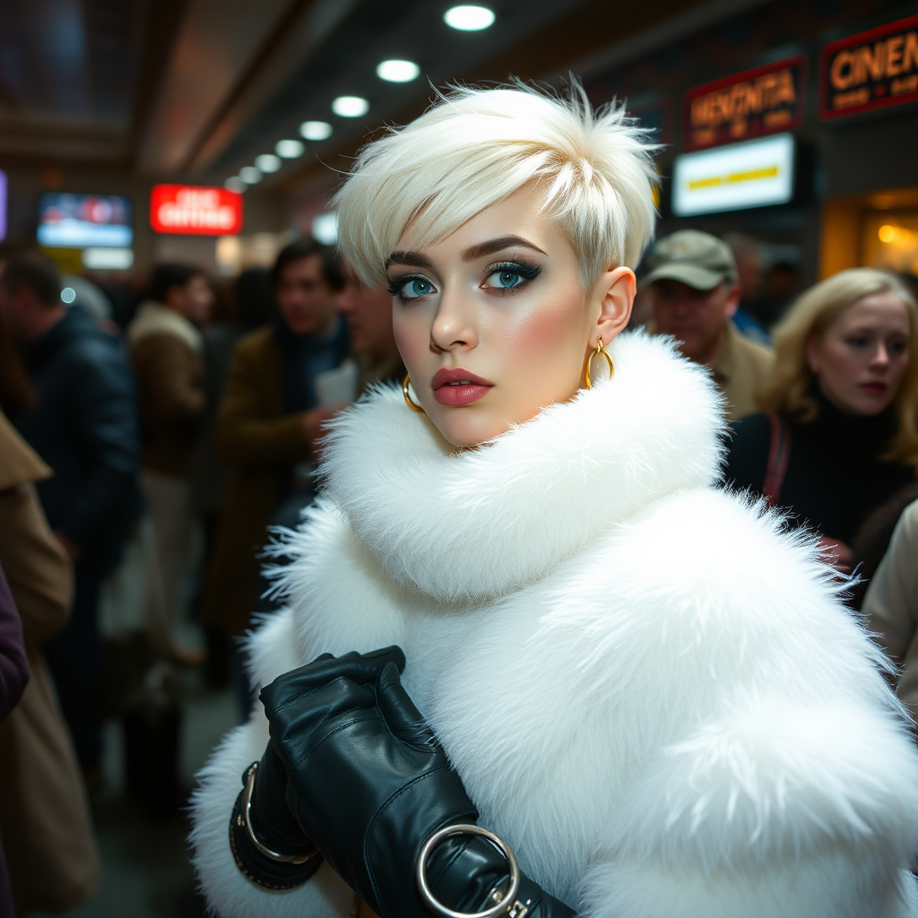 1990 winter evening, crowded cinema lobby: Sam, 19 years old beautiful involuntary femboy, rebellious intractable character, petite boyish figure, platinum blond boyish rebel punk hairstyle, flawless heavily made-up face with sharp arched tattooed eyebrows, wearing Supertanya-style fluffy very fuzzy bright white angora long turtleneck-poncho fully covering body and arms, black leather high-heeled thigh-high boots, gold earrings, puzzled alarmed, pout serious, impatiently waiting for her master. Focus on Sam’s face and turtleneck-poncho.