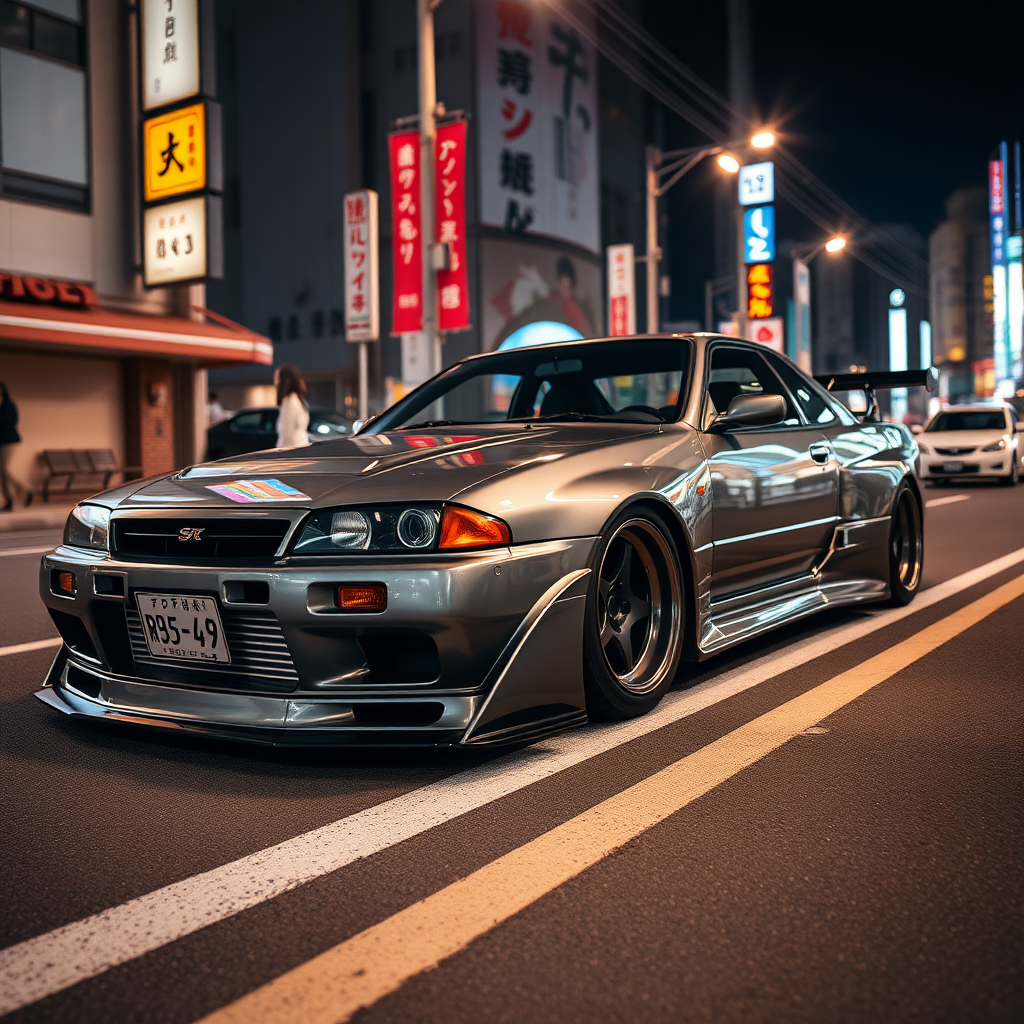 The car is parked on the side of the road, inspired by Taiyō Matsumoto, tumblr, restomod, nd4, c4 metallic shine gray black nissan skyline r34 wide body tokyo night cosplay women background flawless detailed overall realistic details