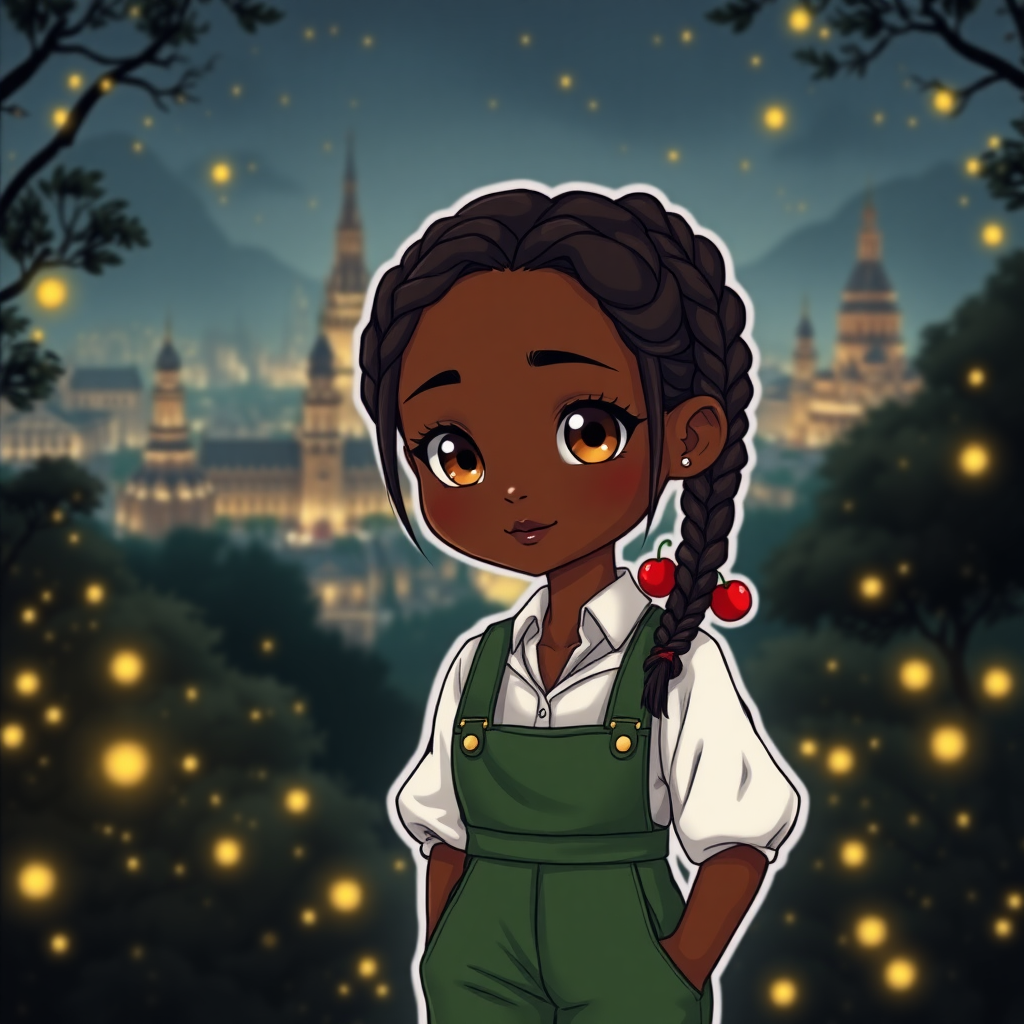 Create a Chibi style image of a 25-year-old woman with ebony skin. Her eyes are light brown in color. Her hair is slightly wavy and tied in two braids. She has delicate features, and her face is strong and cute at the same time. She wears a green jumpsuit and a white blouse underneath. Her skin appears to have a slight wooden appearance. It's in the middle of a dark forest, lit by fireflies that glow softly. In the background, a city with fantastic architecture, giving a magical touch to the scene. The image must be Chibi style, capturing every detail with precision and 8k quality. It looks like a photograph. Extremely realistic. 25 years old. At the end of her braids, she has two cherry-shaped elastics. Beautiful. Beautiful. Chibi. Beautiful appearance. Wooden-looking face.