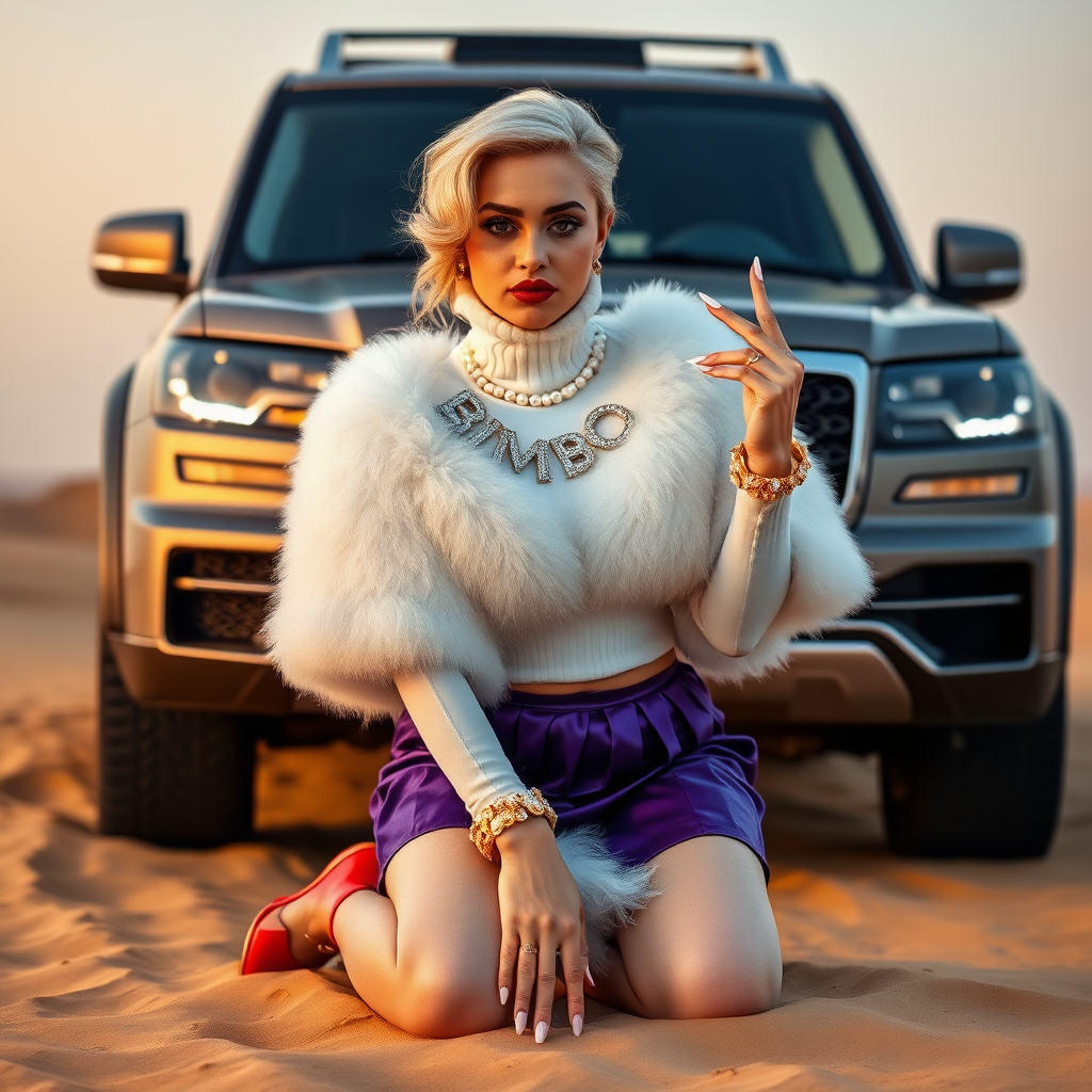 Kuwait desert dunes misty dawn, full size luxury SUV: Melissa, European 17 years old very convincing femboy “trophy-bimbo”, tamed servile docile, very beautiful feminine flawless face, rather short, by hormones very curvaceous womanly figured, platinum blond short tight curls, bold red lips, long white French nails, heavily made-up face, wearing Supertanya-style fluffy very fuzzy bright white angora turtleneck-poncho cropped ending under bust decorated with pearls and glass stones, very tight purple vinyl mini pleated skirt, bright red pumps with golden very high heels, white pearl belly piercing, full Oriental bridal jewelry including headpiece, nose-ring, coin wristlets, coin anklets, striking diamond “Bimbo” letter brooch on left chest, thick heavy pearl wristlets, pearl anklets, pout frustrated, kneeling in sand in front of SUV, looking at camera. Focus on face and turtleneck-poncho.