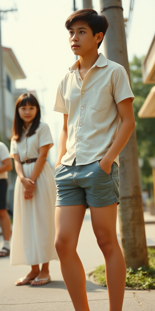 Vintage photo, 1980s. Hot summer. Japan. Tall 14yo teen boy wearing short shirt, tight booty shorts, long legs, bare thighs. With a girl wearing shirt, long skirt. Full length view.