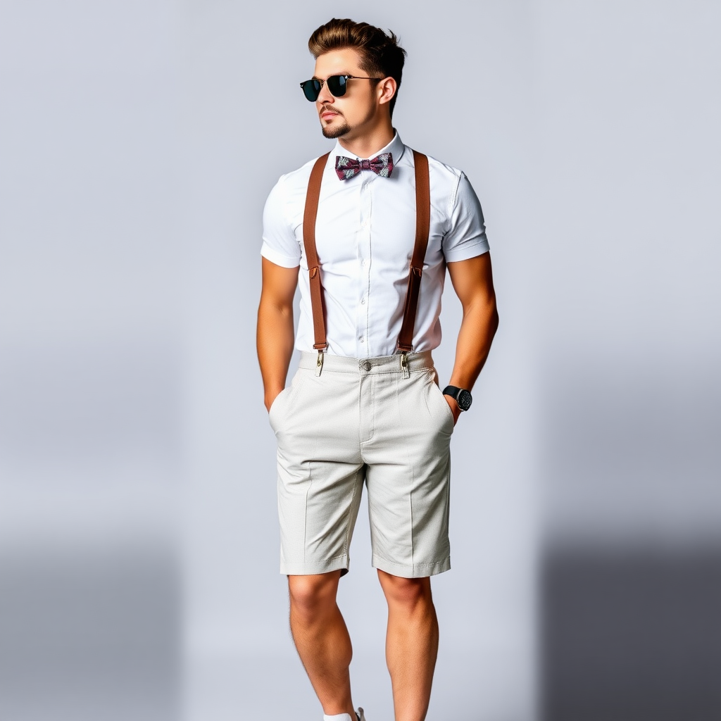 Attractive guy wearing short shorts with suspenders, bow tie and sneakers