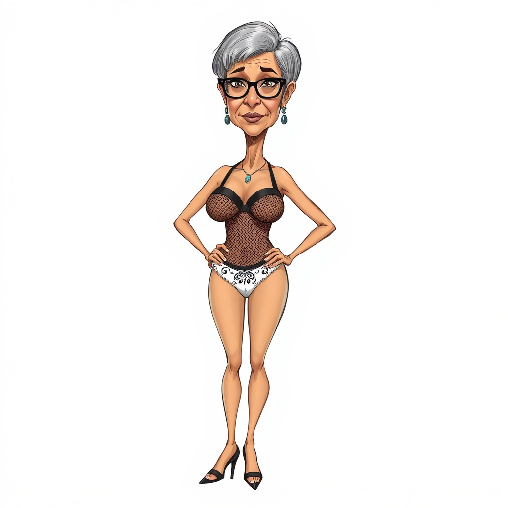 a towering 55 Years old, fit, slim, European, Latina, sharp aquiline nose, wrinkles, high cheekbones, Middle Eastern, Skinny, Tanned skin, Dark light skin, Rounded Medium breasts, Skinny thighs, full Makeup, jewelry, Serious face, Sharp nose, Ash hair, short bowl haircut, Brown eye color, Glasses, with detailed features. Hands on hips, she is wearing a transparent brown mesh tight tank top, black balconette bras and embroidered white thong, detailed fabric. full body, high heels sandals, she is gesturing at the viewer, long establishing shot, 2D, caricature, cartoon, Sketch lines, coloring book, black and white, coloring book style on white background, well composed, clean coloring book page, No dither, no gradient, strong outline, No fill, No solids, vector illustration, realistic proportions