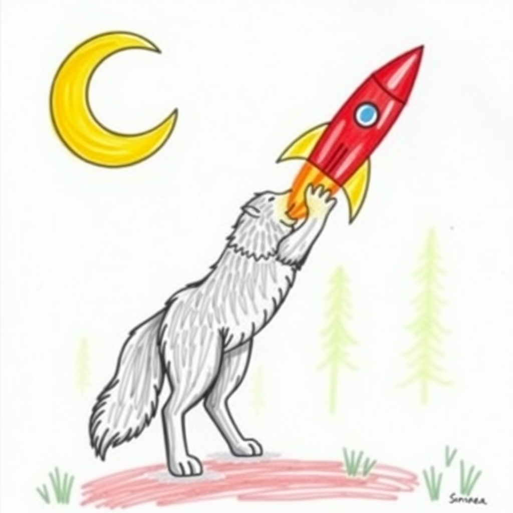 A coloured hand drawing of a wolf with his red rocket out