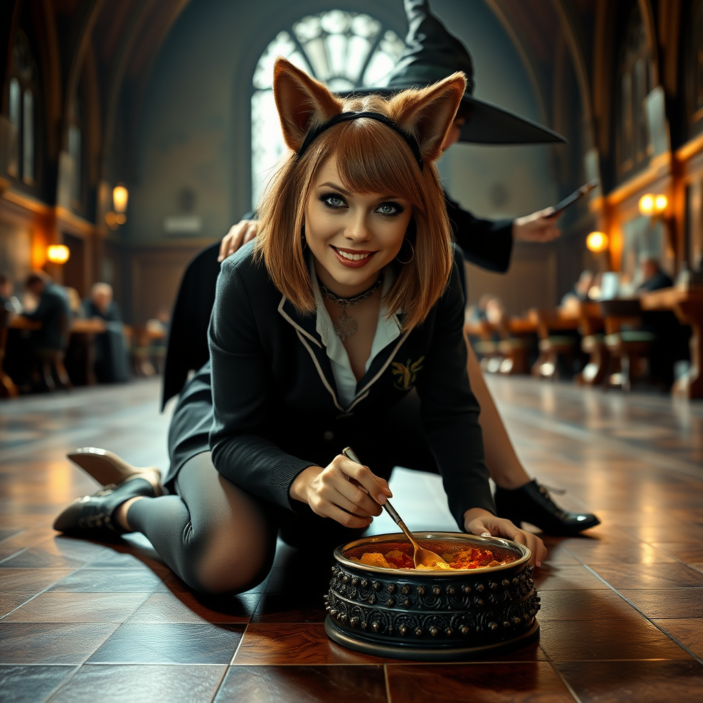 photorealistic, ultra high resolution, 16K, surreal fantasy, studio lighting, a wicked witch at Hogwarts School has cast a spell on Tyler Swift, who is a pretty 18 year old dog-boy, slim male physique with dog ears and bushy tail, shoulder length brown hair, goth makeup, earrings, spikey dog collar, dressed as a Hogwarts Slytherin girl - glossy grey pantyhose, school uniform, Mary-Jane shoes, kneeling on all fours the floor face down eating food from a dog bowl on the student dining hall at Hogwarts School, excited smile. the witch is standing behind Tyler and is resting her foot on his bottom. full body view, facing the camera.