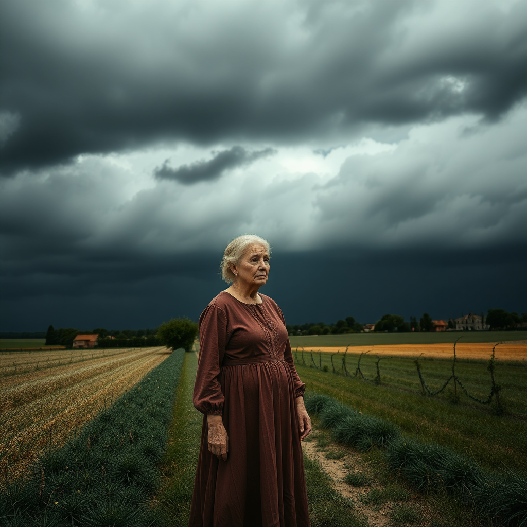 Very cloudy black sky with a worried elderly woman in a long dress in the Venetian countryside, hair tied up,