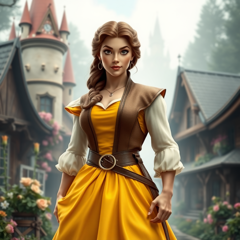 Create a full-length photorealistic image of a mashup character combining Belle's head and hairstyle, featuring her facial features, on Gaston's muscular male body. Retain Belle's iconic yellow gown, blending elements of Gaston's hunting outfit like the vest and belt. The background reflects the enchanted castle of Belle and the rustic village atmosphere of Gaston, merging both environments into a cohesive scene filled with enchanted roses and rustic wooden structures. Emphasize the contrasting themes of beauty and brawn in the character design, showcasing an intriguing fusion of both worlds while highlighting the elegance and strength.