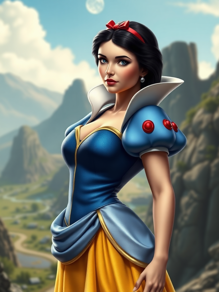 Create a full-length hyper-realistic render of Snow White, but with the body type of Duke Nukem. Retain her head but modify her costume to suit the new proportions of a muscular build. Adjust the body structure and silhouette to reflect male gender traits while keeping Snow White's classic features. Design the background to be an appropriate setting that blends elements from both characters, combining a fairytale landscape with a rugged, action-oriented environment. Ensure the overall composition highlights the contrast between the refined aesthetic of Snow White and the robust physique of Duke Nukem.