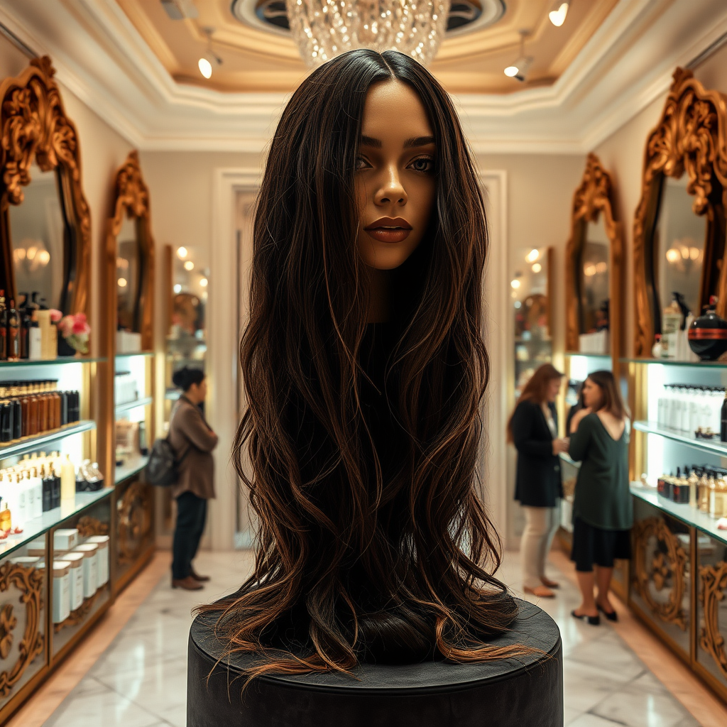 In a well lit boutique dedicated exclusively to long hair fetishism, a surreal centerpiece draws curious eyes: the disembodied head of a legendary pop icon, Beyoncé, her flowing locks cascading down like a waterfall of silk. Each strand appears meticulously styled, shimmering under the flickering light, with deep, glossy ebony hues that catch the eye and evoke a sense of both wonder and intrigue.

The head is displayed prominently on a plush velvet pedestal, surrounded by an array of hair care products, ranging from luxurious oils to shimmering hair sprays, all designed to emulate her iconic look. The shop is filled with an intoxicating mix of enticing scents, combining floral perfumes with the faint aroma of hair products, creating a sensory experience that pulls customers into this unique world.

As patrons enter, the soft hum of ambient music plays in the background, enhancing the atmosphere of exclusivity. Adorned with intricate mirrors and soft, flattering lighting, the store exudes a sense of luxury, inviting customers to explore not just a product, but a fantasy.

Nearby, a small group of enthusiasts whispers excitedly, their voices tinged with admiration and a degree of disbelief at the sheer oddity of the display. Emotions range from playful curiosity to profound admiration, as they engage in animated discussions about hair, beauty, and the allure of celebrity culture, all while being captivated by the breathtaking vision before them.