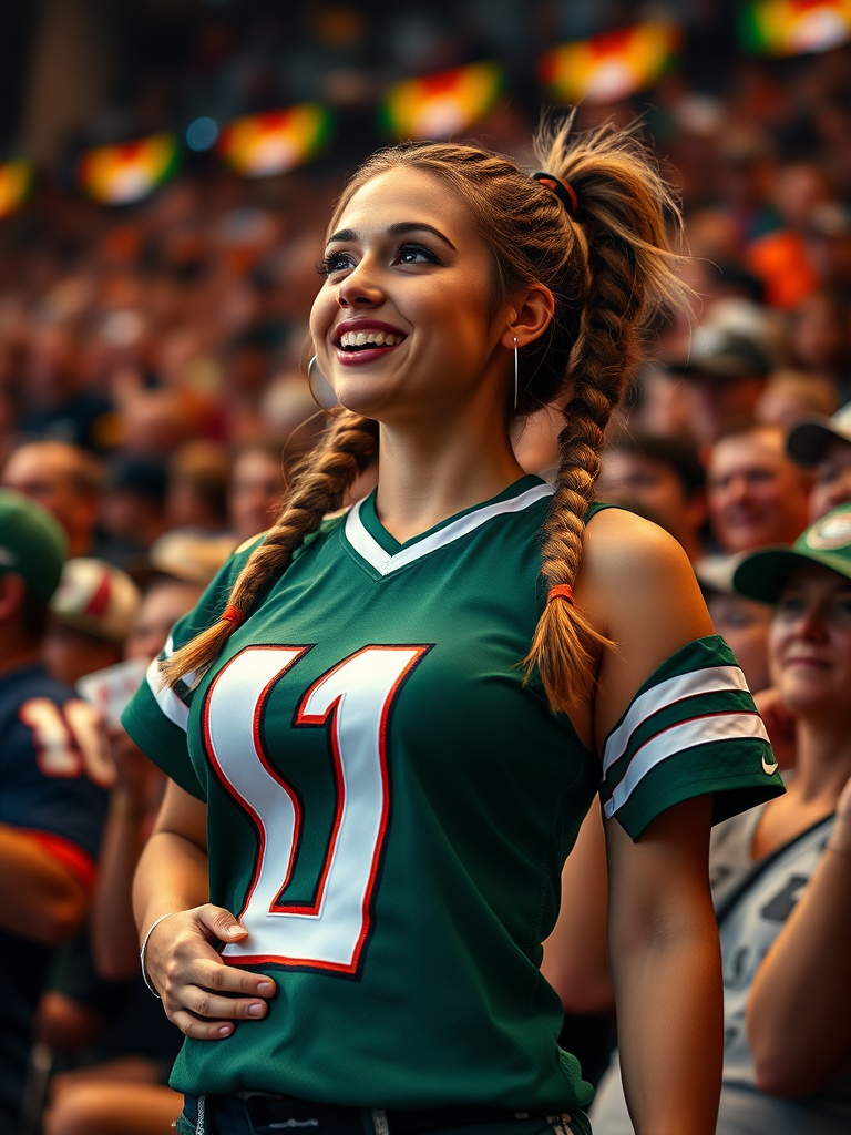 Hot female NFL fan, cheering, pigtail hair, wearing jersey, huge chest, inside crowd