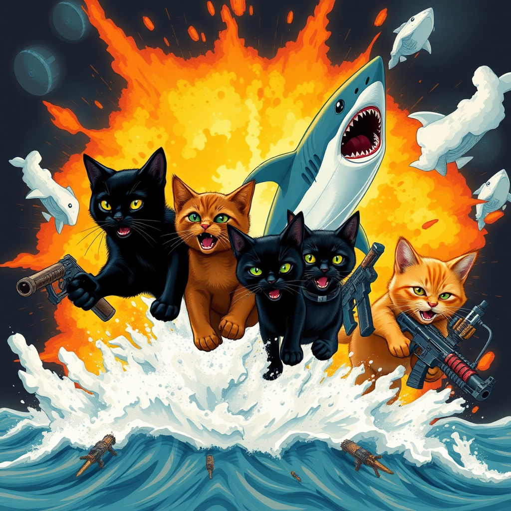 1 black cat, 1 dark brown cat, 1 light brown cat, and 1 orange cat coming out of an explosion with sharks and weapons.