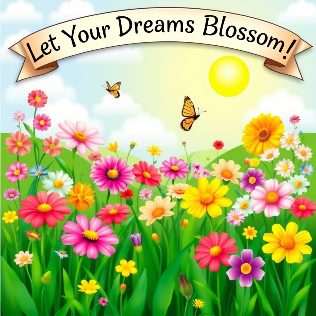 An imaginative scene of a vibrant garden in spring, filled with a variety of flowers in full bloom, with a bright sun shining down and a butterfly fluttering among the blossoms, while a banner overhead reads, "Let Your Dreams Blossom!"