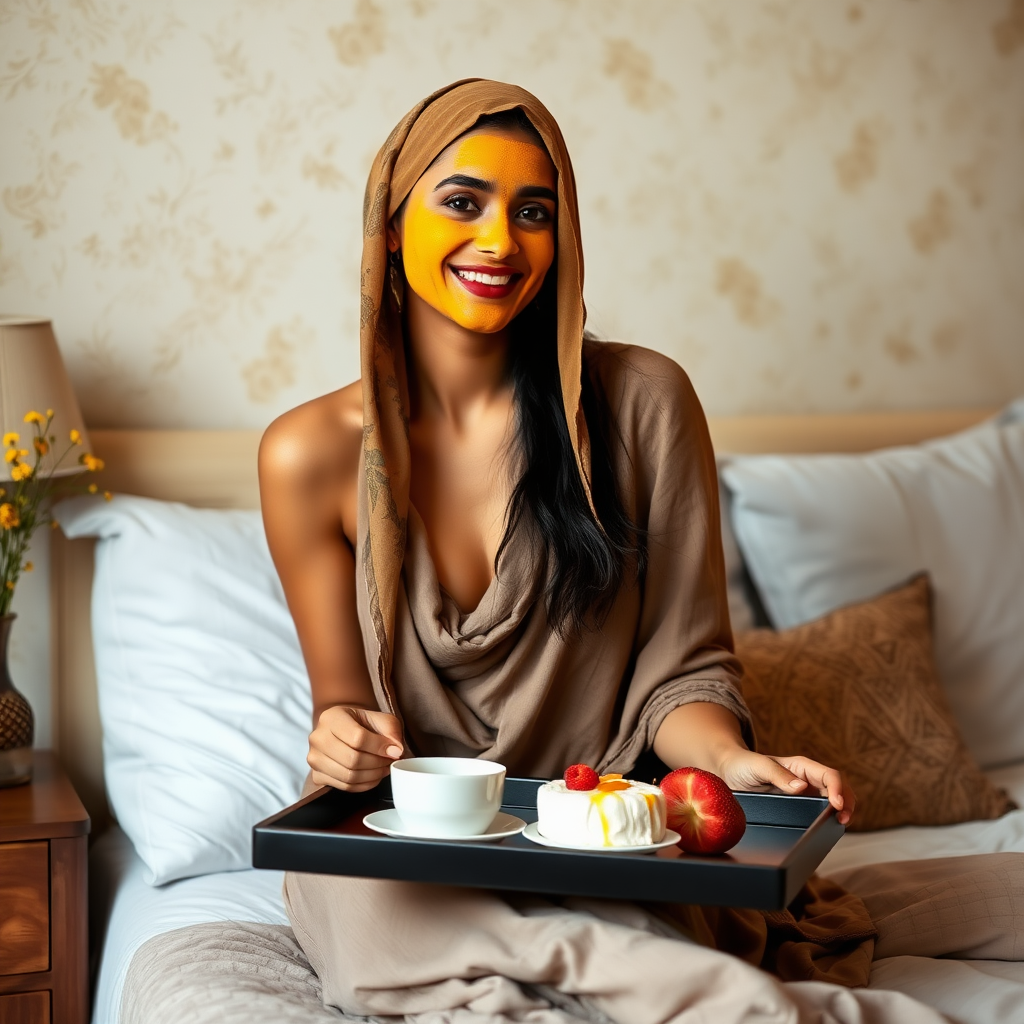 slim, 30 year old, sexy, indian wife, scarf head, turmeric face mask. She is smiling and serving breakfast on a tray on bedside table