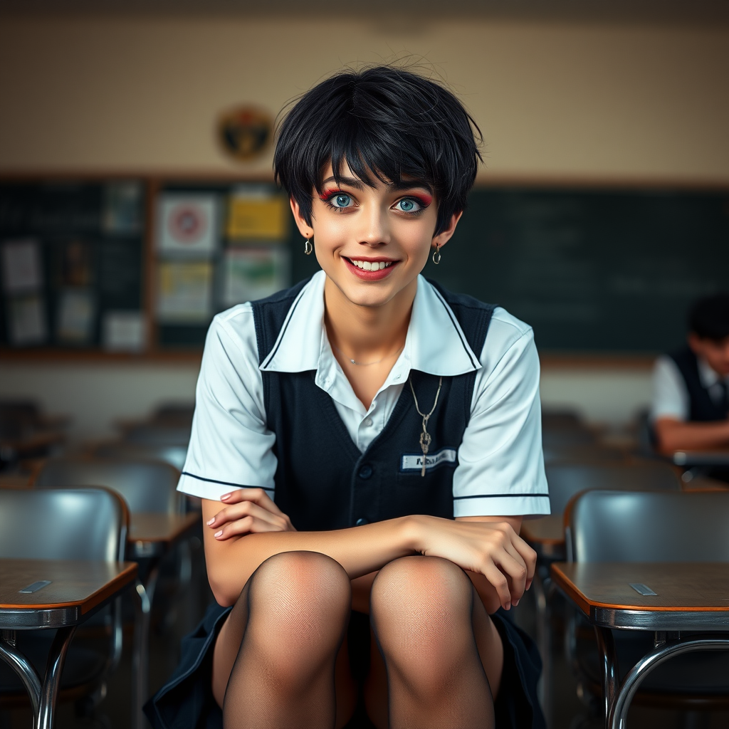 photorealistic, ultra high resolution, 16K, surreal fantasy, soft studio lighting, a pretty 16 year old goth male, slim male physique, short dark hair, blue eyes, goth makeup, earrings, sheer pantyhose, UK girls-school uniform, Mary-Jane shoes, sitting in the classroom, excited smile, facing the camera.