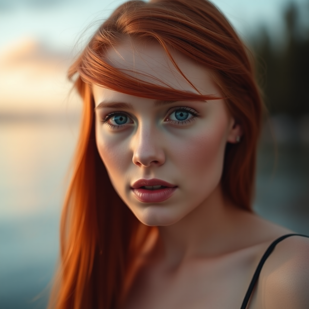 beautiful young woman with red long hair, full lips, pale skin, on Alaska