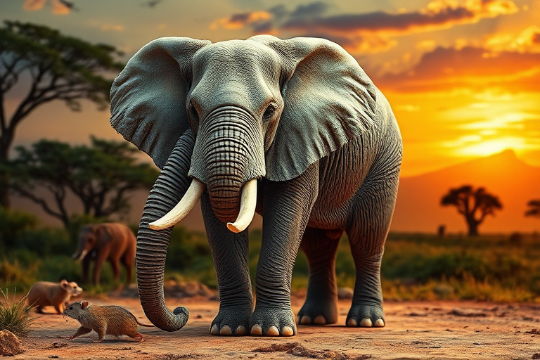 Generate a full-length photorealistic image of an elephant, utilizing the frame and silhouette of a mouse while keeping the elephant's head intact, showcasing its distinct facial features. The skin should resemble the texture of an elephant, and fur elements should hint at a mouse's softness. The background should blend colors and textures inspired by both animals, incorporating savanna landscapes and urban environments to create a harmonious yet whimsical scene. Focus on lighting that highlights the unique characteristics of the combined creature, enhancing the surreal yet believable nature of the artwork.