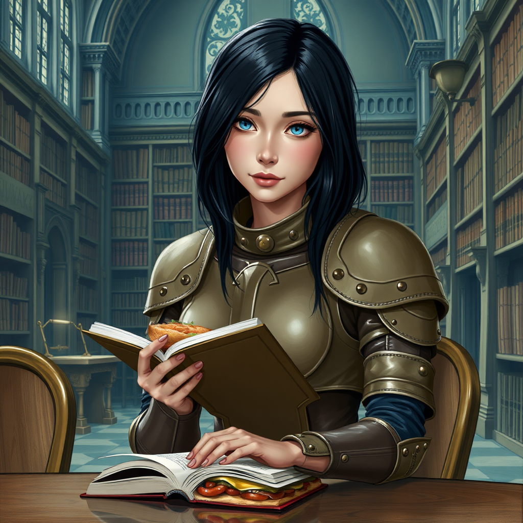 beautiful young woman, dark hair past her shoulders, blue eyes, small, slim figure, wearing full, light-brown leather armor suit, sitting at a table with a sandwich, reading a book, in a grand old library.