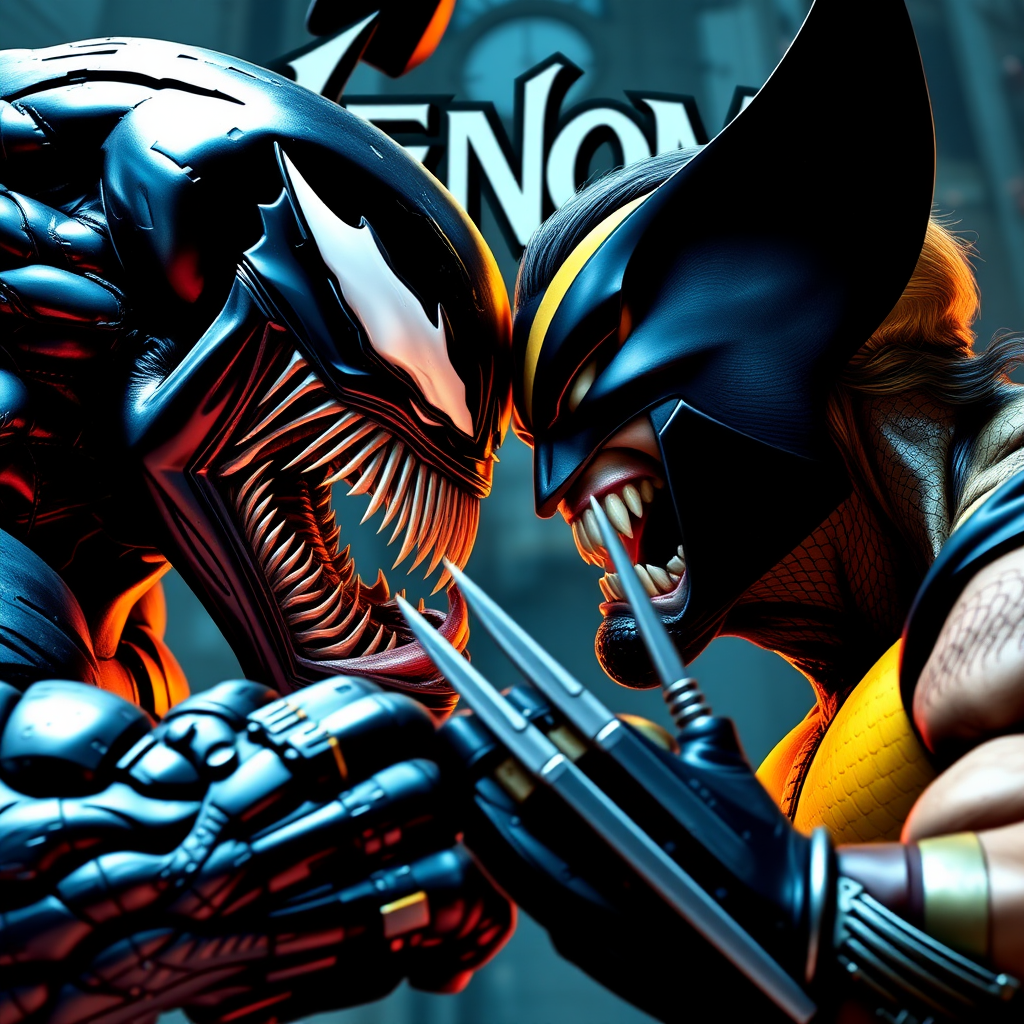 On a comic book cover is Venom Vs Wolverine in Cinematic Real3d photo-realistic quality.