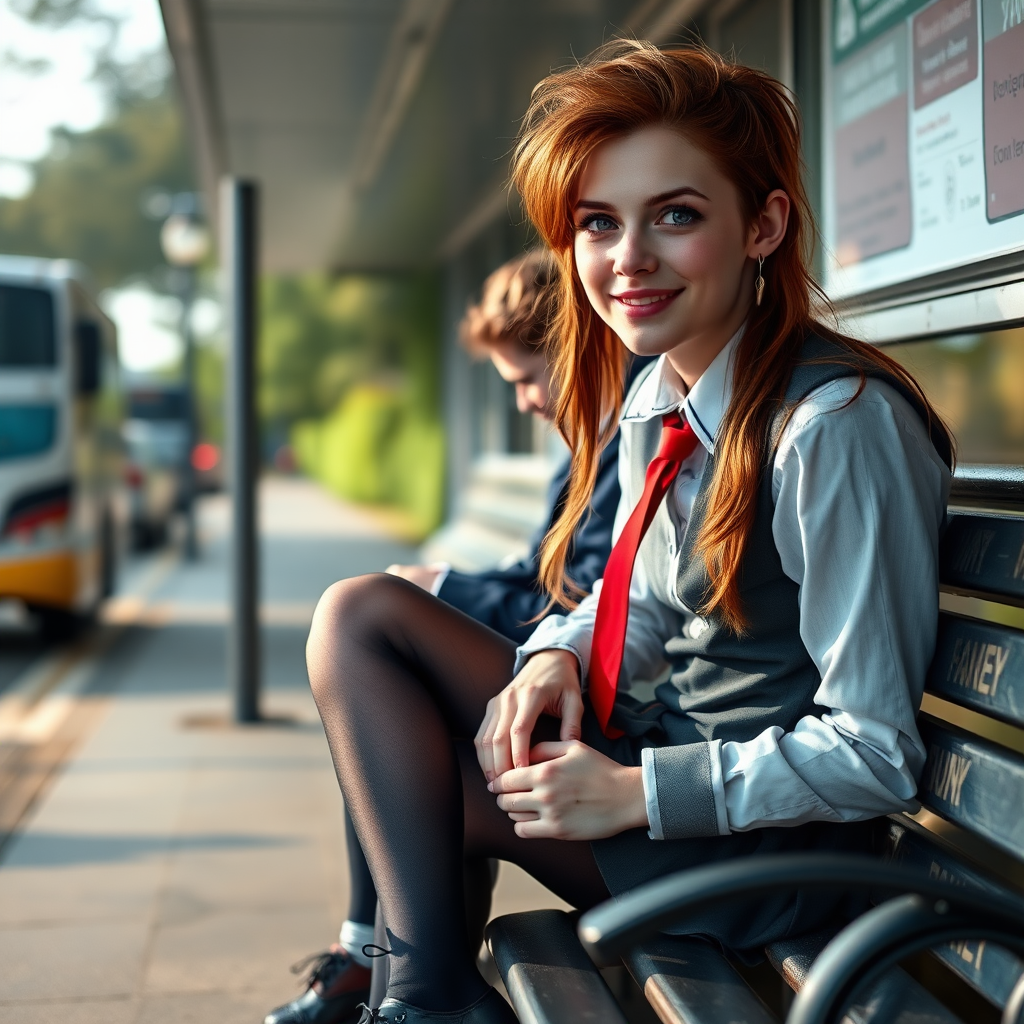 photorealistic, ultra high resolution, 16K, surreal fantasy, soft studio lighting, a pretty 18 year old goth male, slim male physique, auburn hair, goth makeup, earrings, shiny black pantyhose, UK girls-school uniform, Mary-Jane shoes, sitting on his boyfriend's lap on a bench waiting for the school bus, in daylight, excited smile, facing the camera.