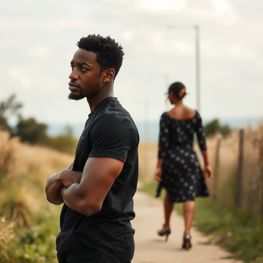 Picture of a 25 year old African American male who's sad while a beautiful 25 year old African American female walks away from him. You see the woman's backside walking away from the man as he faces the camera.