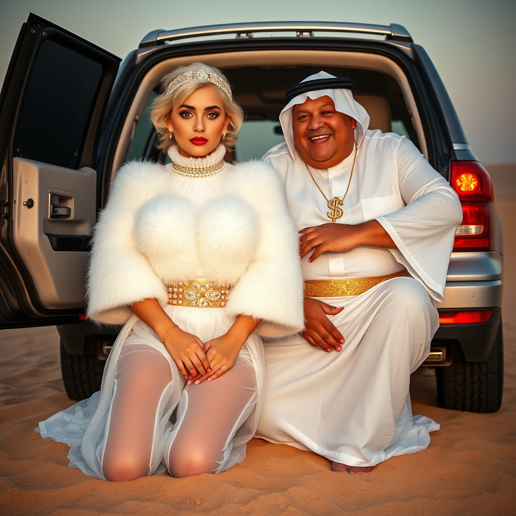 Kuwait desert dunes misty dawn, full size luxury SUV: Melissa, European 17 years old very convincing femboy “trophy-bimbo”, tamed servile docile, very beautiful feminine flawless face, rather short, by hormones very curvaceous womanly figured, platinum blond short tight curls, bold red lips, heavily made-up face, wearing Supertanya-style fluffy very fuzzy bright white angora turtleneck-poncho cropped ending under bust decorated with pearls and gemstones, striking oriental wide gold bridal protection belt, white fully transparent harem pants, full Oriental bridal jewelry with striking headpiece, full Oriental face-jewelry, striking diamond “$$$” letter brooch on left chest, pout frustrated, hands tied behind back, kneeling in sand in front of SUV, looking at camera. Focus on face and turtleneck-poncho. Sitting next embracing Melissa: older overweight mighty sheik laughing.