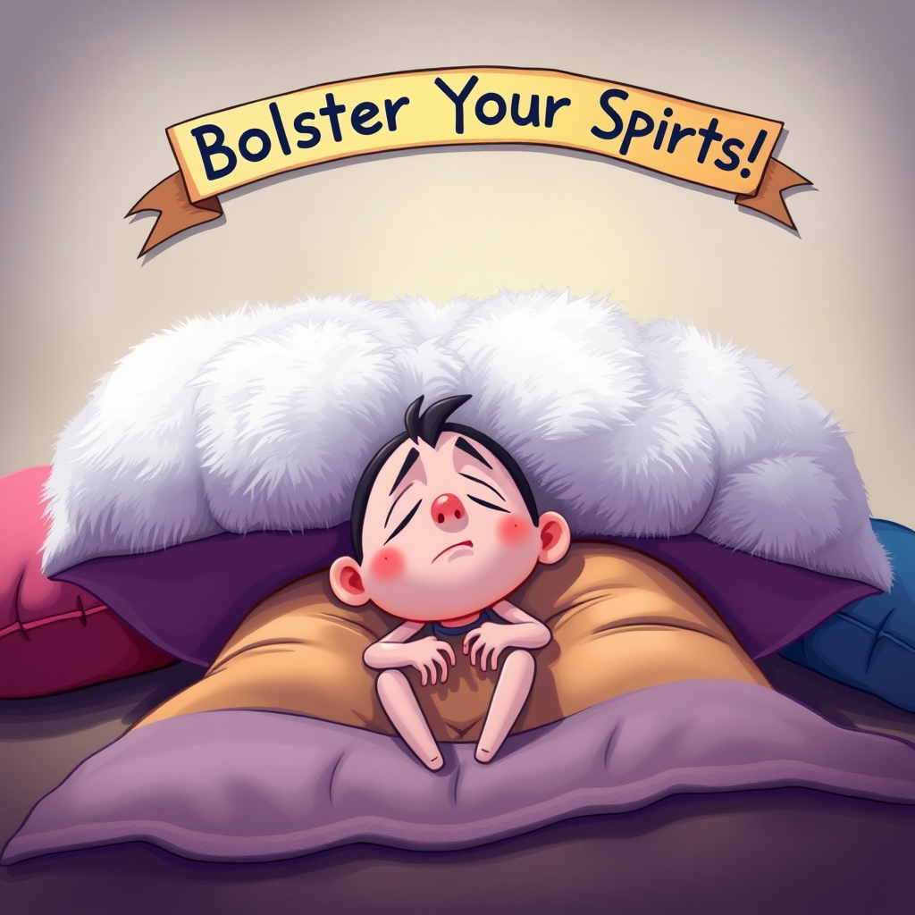 An imaginative scene of a large, fluffy cushion propping up a tired cartoon character, who looks relieved, with vibrant colors and a banner overhead that reads, "Bolster Your Spirits!"