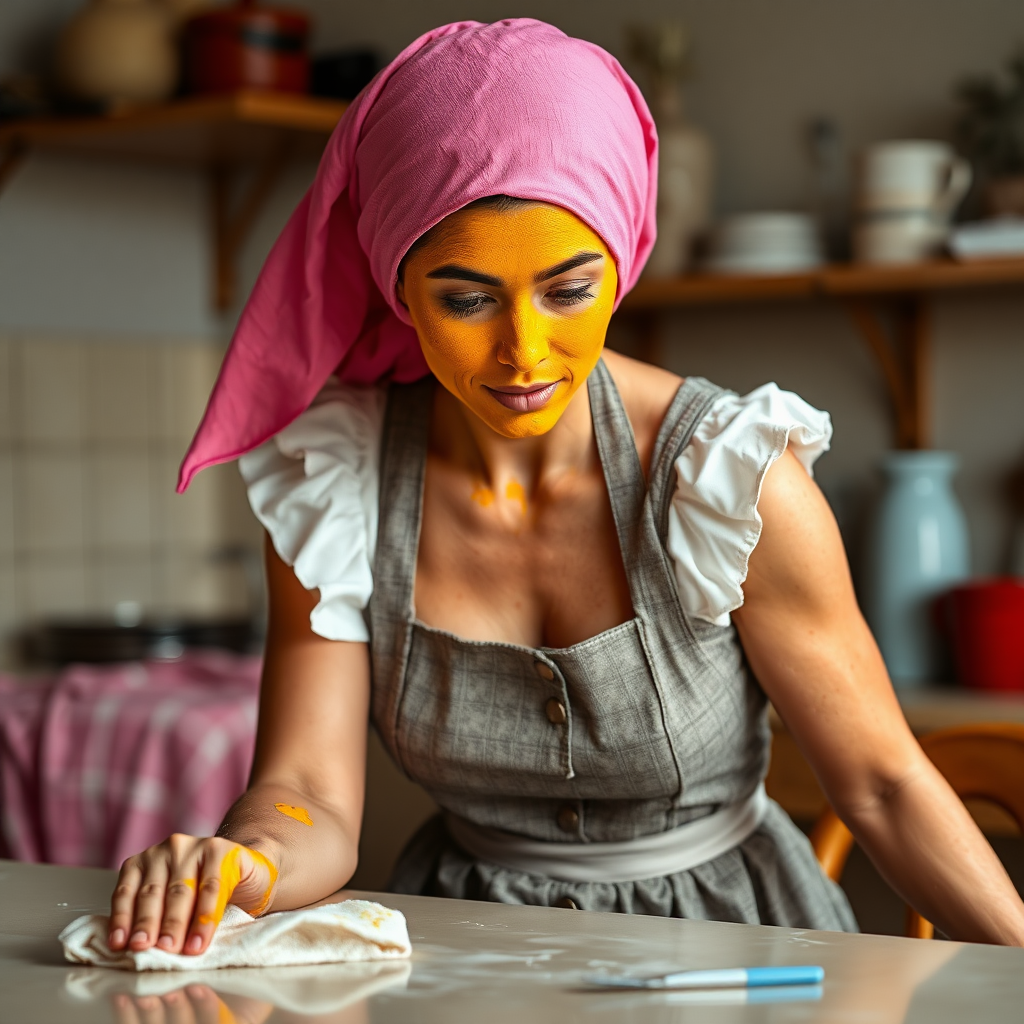 slim, 30 year old, sexy, french maid, pink scarf head, turmeric face pack. She is cleaning a table with a cloth