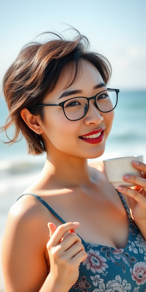 A Chinese woman, wearing glasses, with short hair, gentle and generous, slightly plump, with full thighs, a full bottom, A cup, sunshine, beach, sea, beautiful woman.