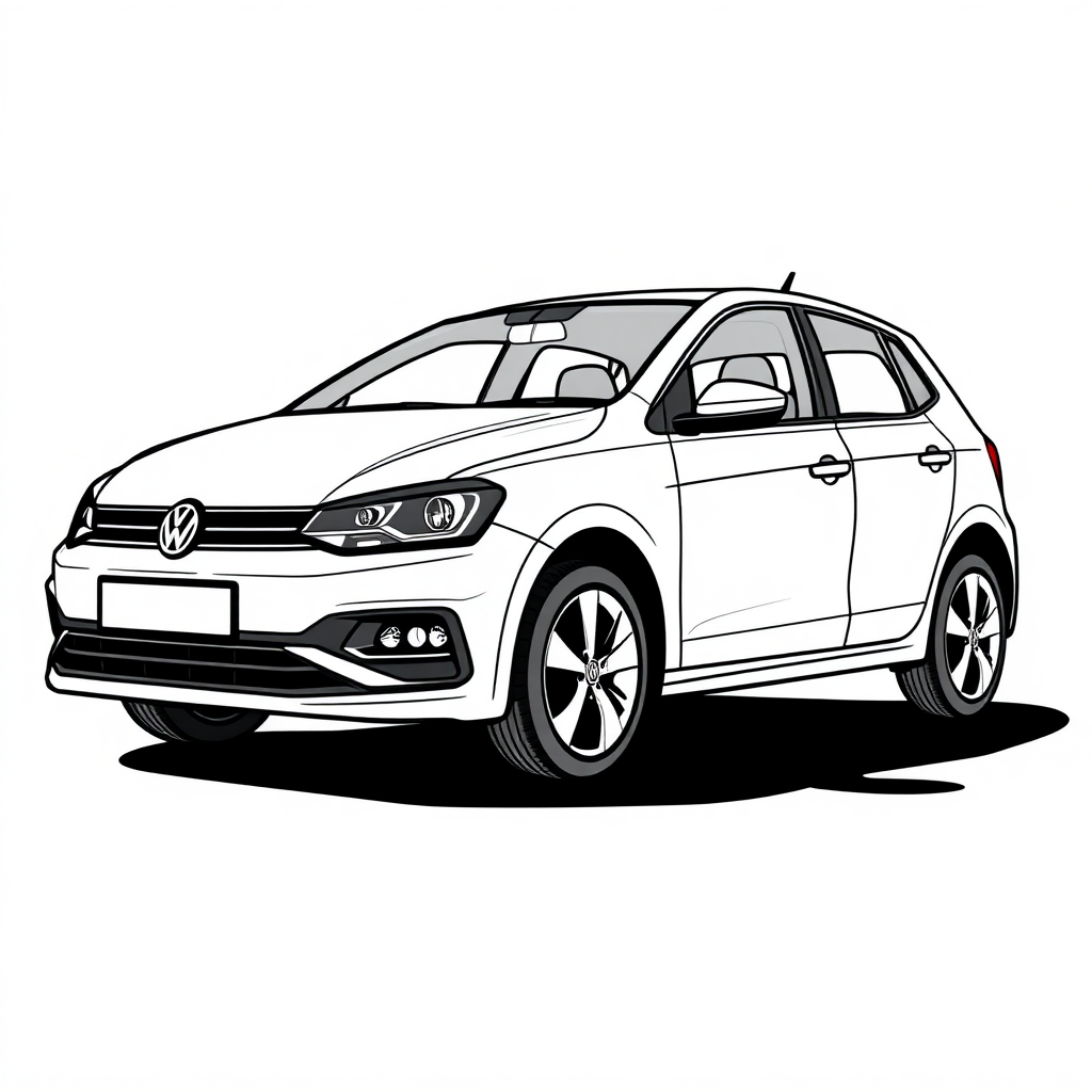 white vw polo V car, long establishing shot, 2D, caricature, cartoon, Sketch lines, coloring book, coloring book style on white background, well composed, clean coloring book page, No dither, no gradient, strong outline, No fill, No solids, vector illustration, realistic proportions, seen from the left side