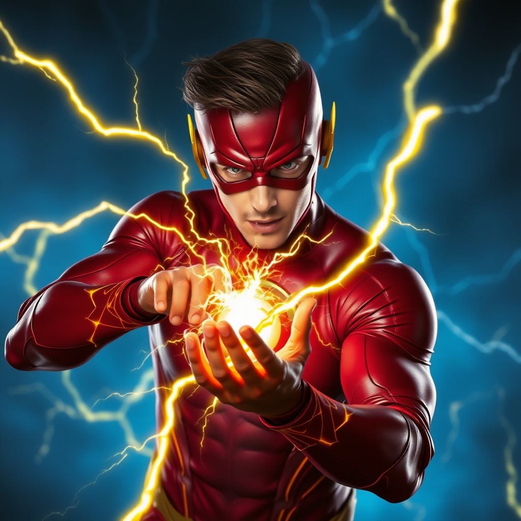 Grant Gustin's Flash, inside the surreal Speed Force, channels immense energy through his hands as he hurls a bright yellow lightning bolt. The crackling, electric energy pulses from his fingertips, illuminating the surrounding area with a cinematic glow. The vibrant yellow bolt arcs across the Speed Force’s warped, ethereal environment, splitting through the electric-blue haze with explosive detail. Flash's red suit gleams with hyper-detailed realism, the texture of his suit and the veins of energy visible as they pulse through his body, merging with the Speed Force around him. His face is intense, fully immersed in the power coursing through him as he directs the lightning.