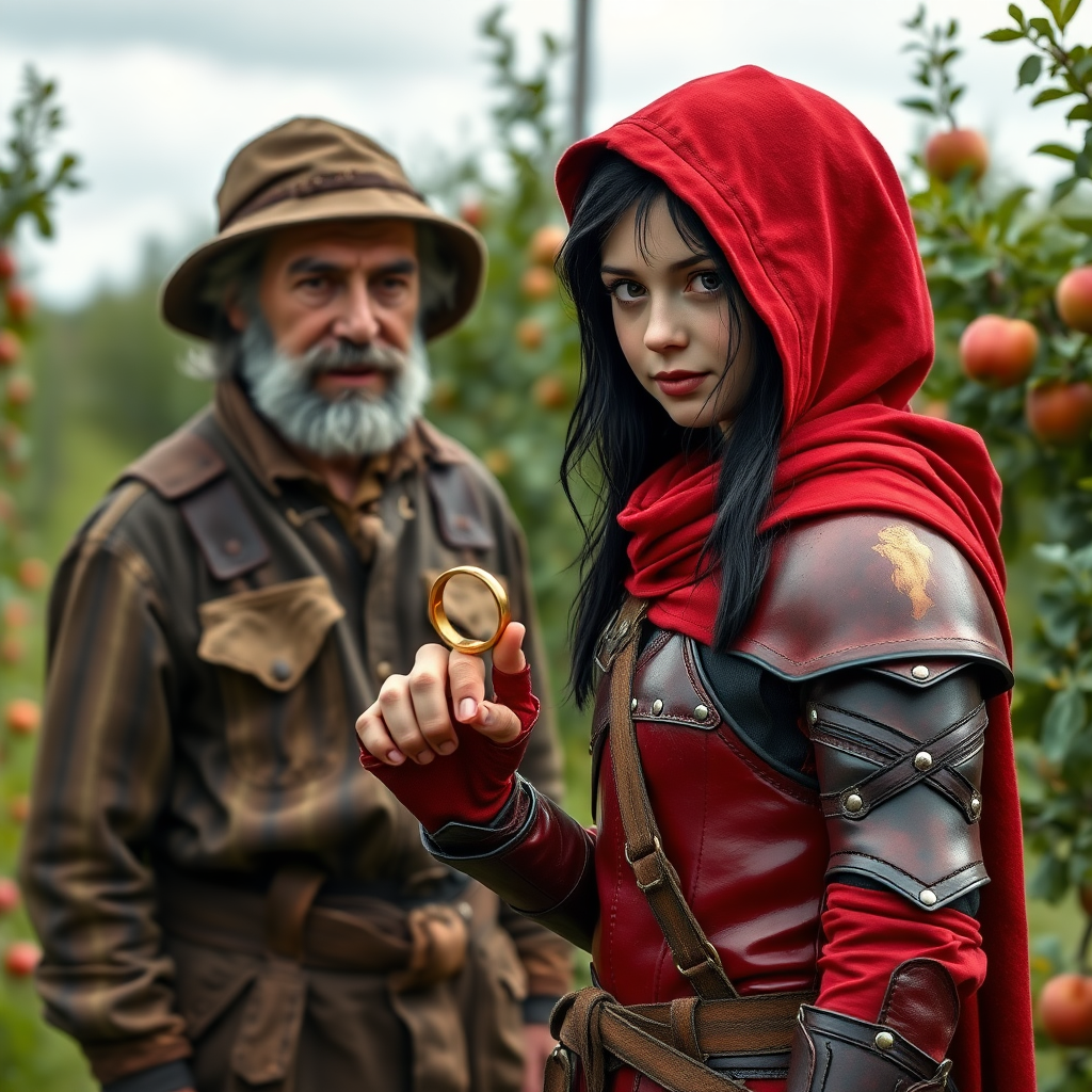 A photo realistic girl with black hair and brown eyes in red leather armor and a red hood holding up a gold finger ring to an old man in dirty work clothes while standing in an apple tree orchard.