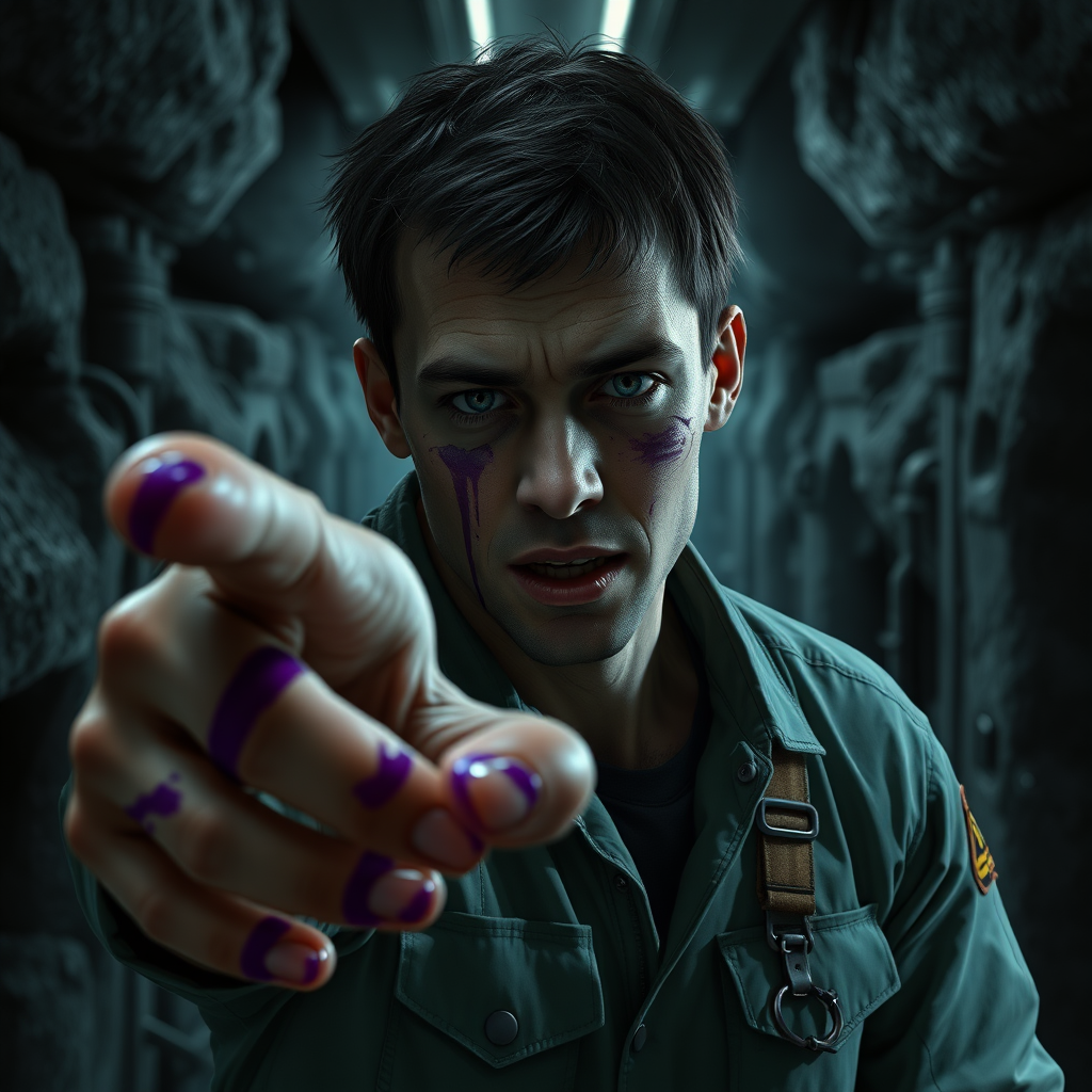 Cinematic sci-fi horror digital painting. Crew member approaching the viewer with one arm reaching out. Consciousless aggressive facial expression. Purple slime smears on face and hands. Dark rocky industrialized corridor.