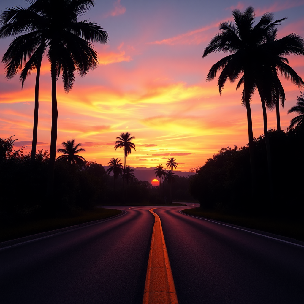 Viral animation nature wallpaper in 4k quality. A serene sunset scene captured from a low angle on a winding road, bordered by tall palm trees. The road features a prominent yellow line that leads the viewer's eye into the distance. The sky is a breathtaking blend of warm oranges, deep purples, and soft pinks, reflecting a tranquil, golden hour ambiance. Soft silhouettes of lush vegetation on either side create a sense of depth, while the fading sunlight casts gentle shadows. The image evokes a peaceful feeling, reminiscent of an impressionist style, with an emphasis on color and atmosphere rather than precise detail. Vibrant yet calming colors create a striking contrast against the darker silhouettes, inviting tranquility and reflection.