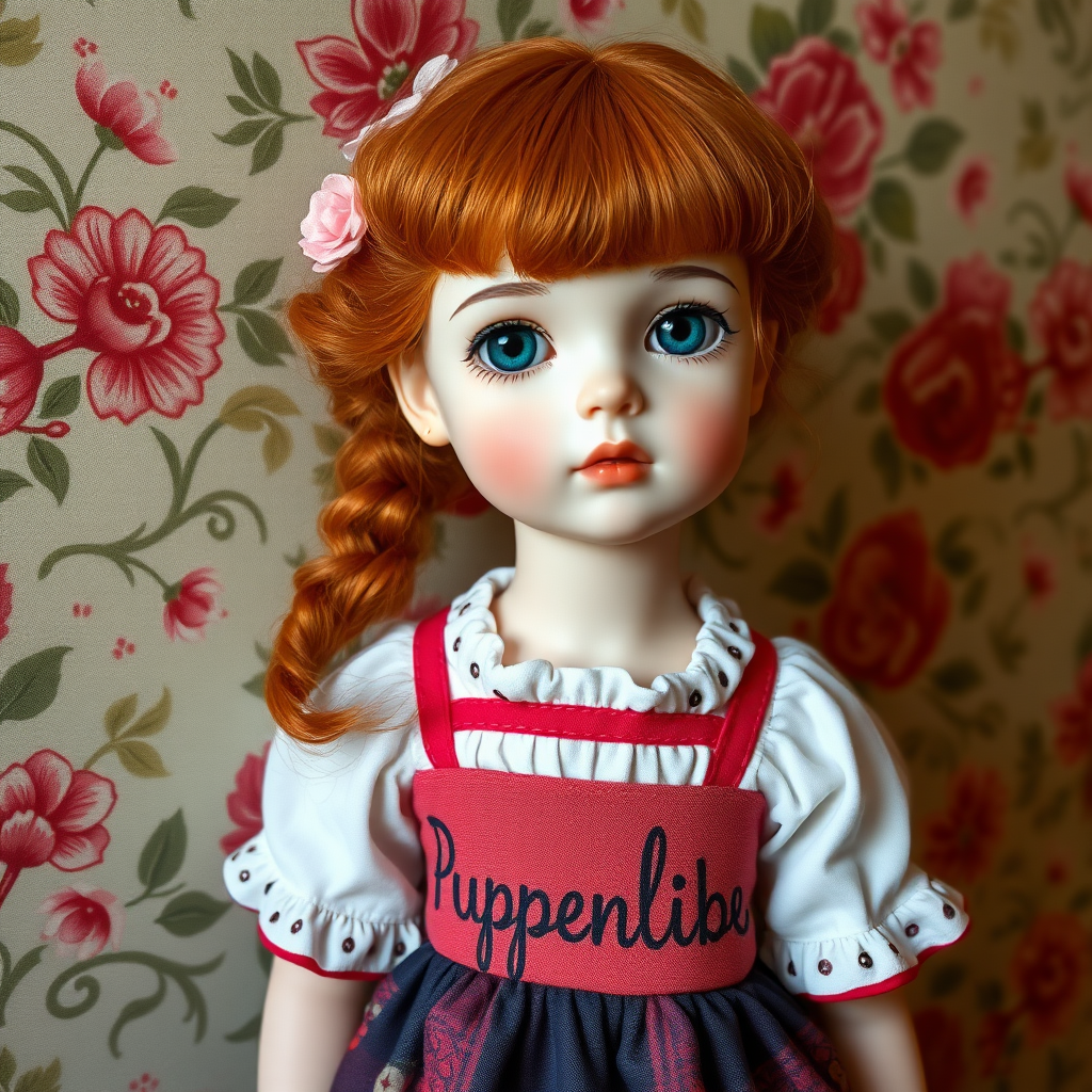 ooak art doll, artist doll, realistic doll, life-like porcelain doll, young preteen girl, unique personality, bisque doll, floral wallpaper, text "Puppenliebe" on dress, vibrant colors, aesthetic art