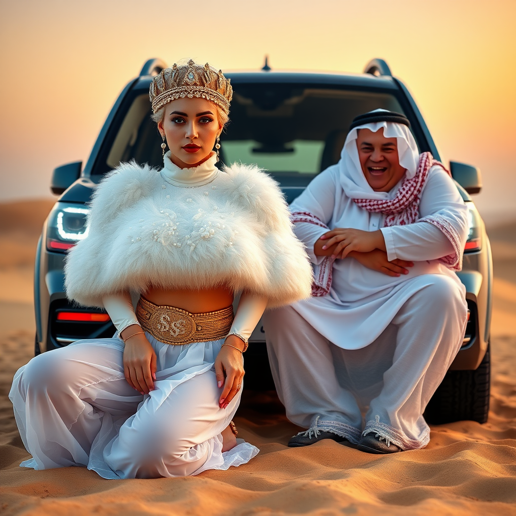 Kuwait desert dunes misty dawn, full size luxury SUV: Melissa, European 17 years old very convincing femboy “trophy-bimbo”, tamed servile docile, very beautiful feminine flawless face, rather short, by hormones very curvaceous womanly figured, platinum blond short tight curls, bold red lips, heavily made-up face, wearing Supertanya-style fluffy very fuzzy bright white angora turtleneck-poncho cropped ending under bust decorated with pearls and gemstones, striking oriental wide gold bridal protection belt, white fully transparent harem pants, full Oriental bridal jewelry with striking headpiece, full Oriental face-jewelry, striking diamond “$$$” letter brooch on left chest, pout frustrated, hands tied behind back, kneeling in sand in front of SUV, looking at camera. Focus on face and turtleneck-poncho. Sitting next embracing Melissa: older overweight mighty sheik laughing.